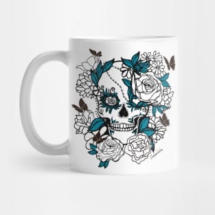 Skull Line Drawing with Butterflies and Flowers in Blue and Black Mug